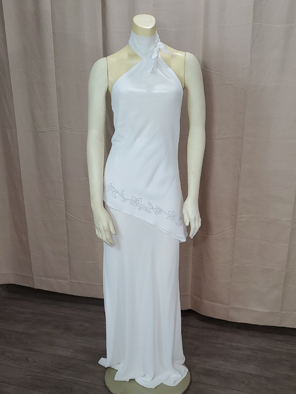 Halter-Neck White Embroidered Maxi Dress